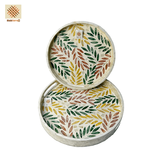 MadeTerraS Mother of Pearls Round Serving Tray, Mother of Pearls Round Serving Tray, Round breakfast tray, mother pearl inlay tray 12.6" and 13.8"