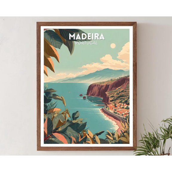 Madeira Portugal Retro Travel Mid Century Modern Vintage Coastal Cliff Decor, Unframed Poster