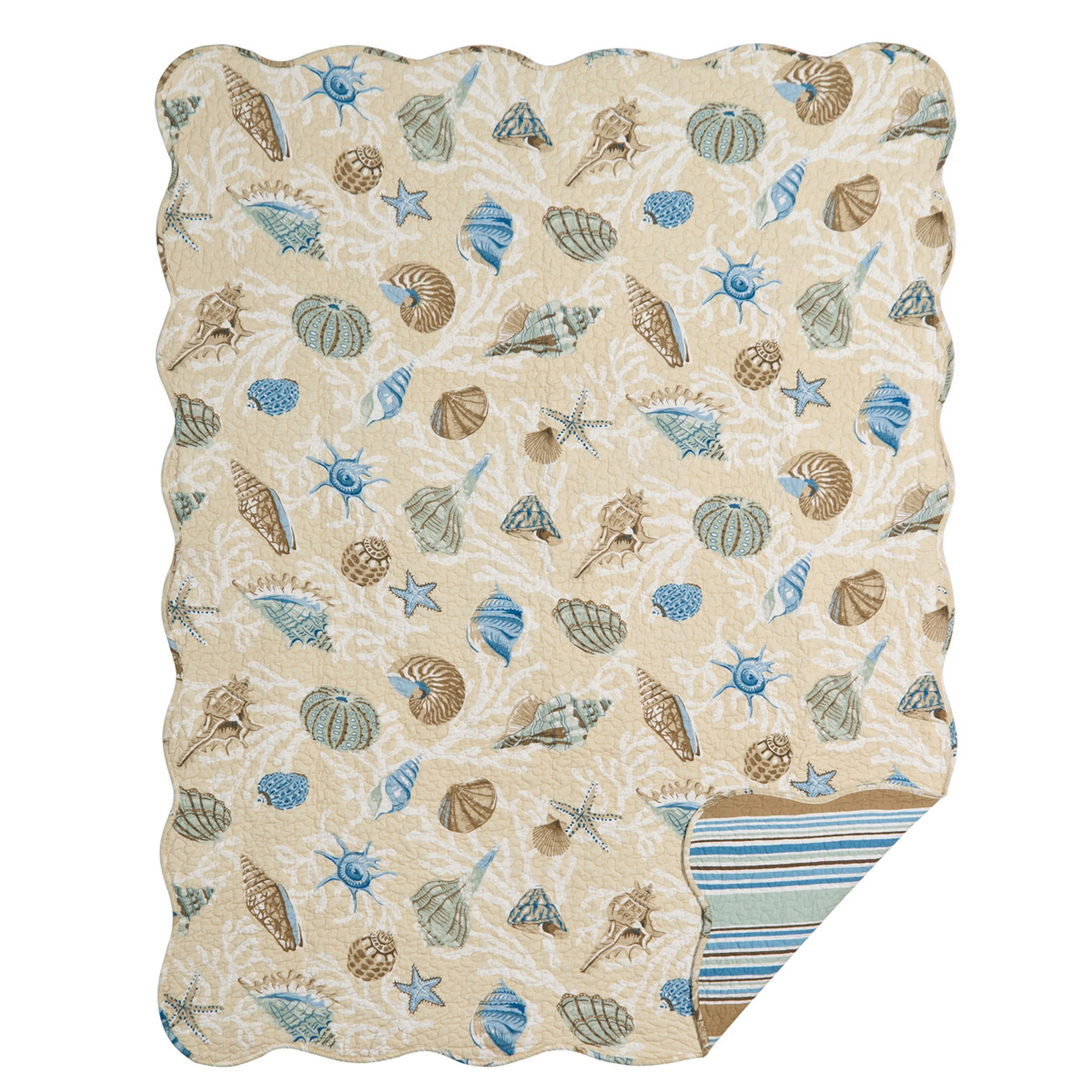 Madeira Coastal Beige and Blue Cotton Quilted Throw Blanket