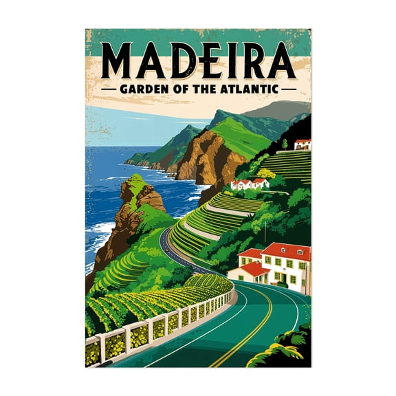Madeira Vintage Poster – Lush Island Art Print - Madeira Portugal Illustration Travel Poster Vintage Landscape Coast Scenic Vineyard Ocean Unframed Wall Art Print 4 x 6 inches