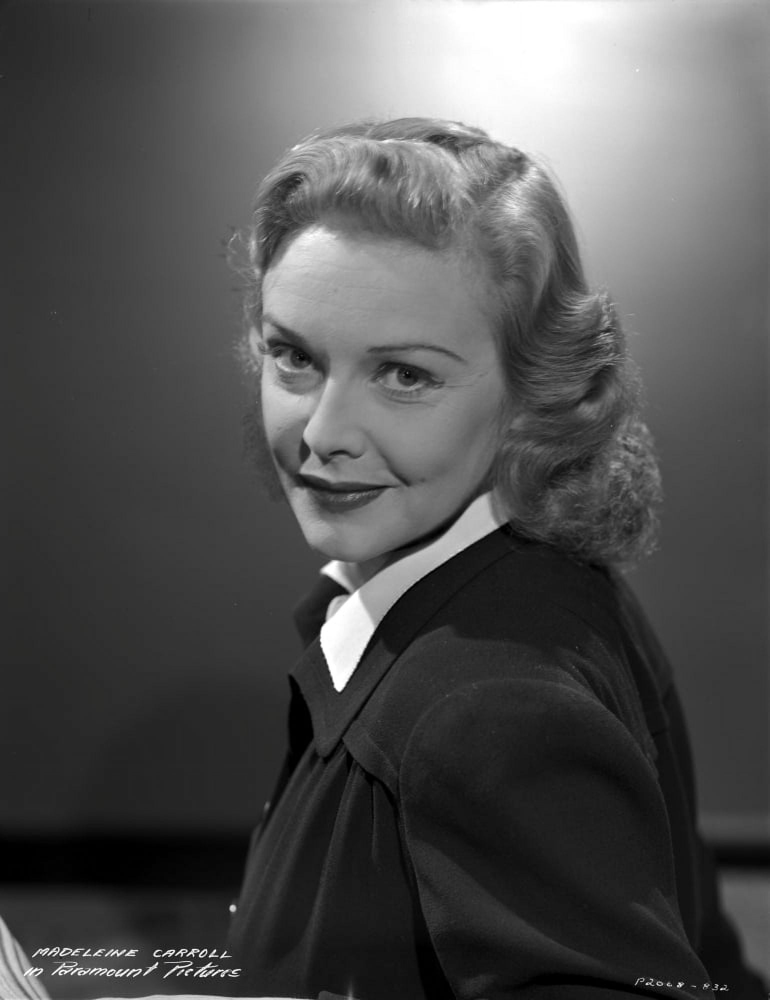 Madeleine Carroll smiling in Black Dress with White Collar Portrait