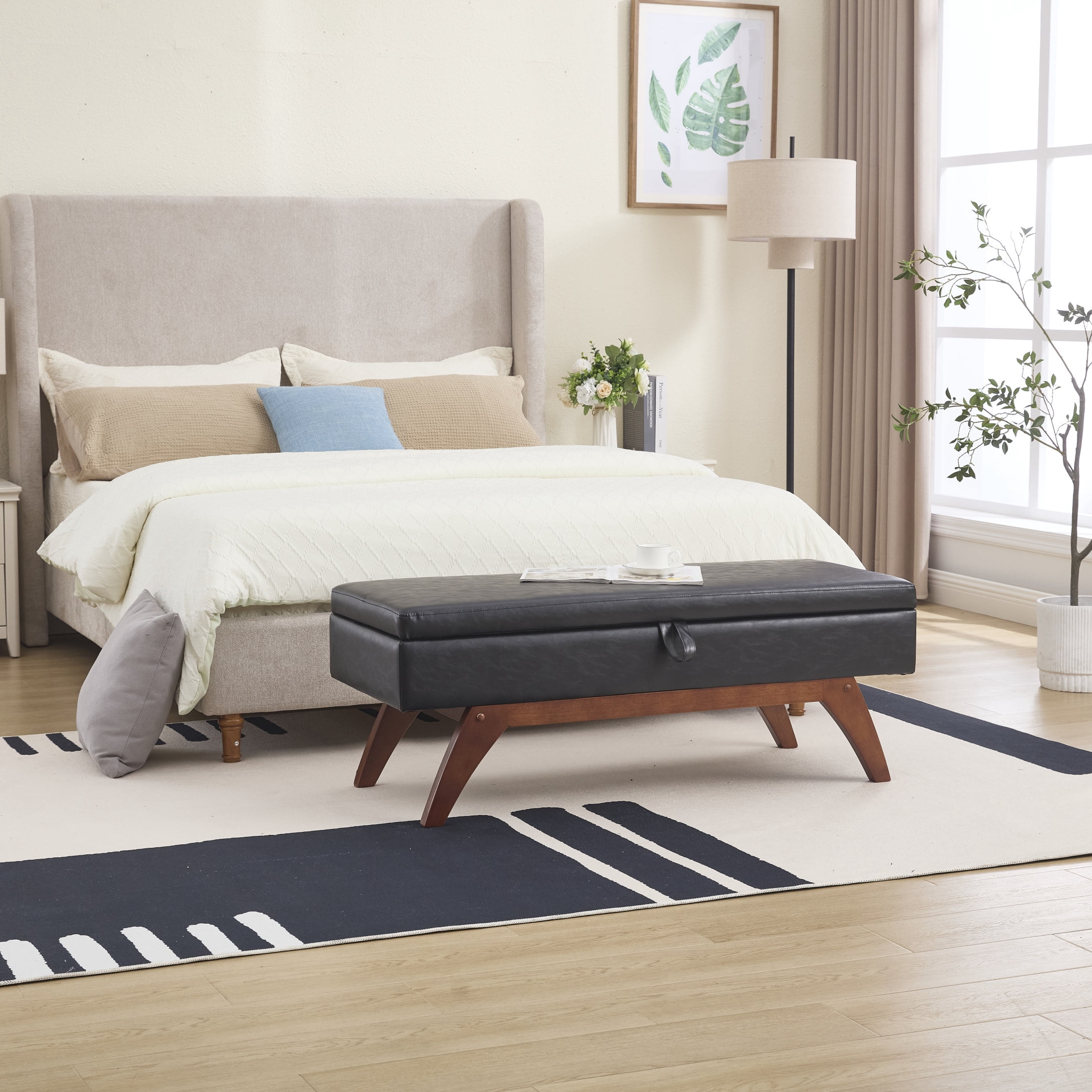 Noble House Madeleine Classic PU Upholstered Bed End Stool, Modern Solid Wood Legs and Hidden Storage, Black