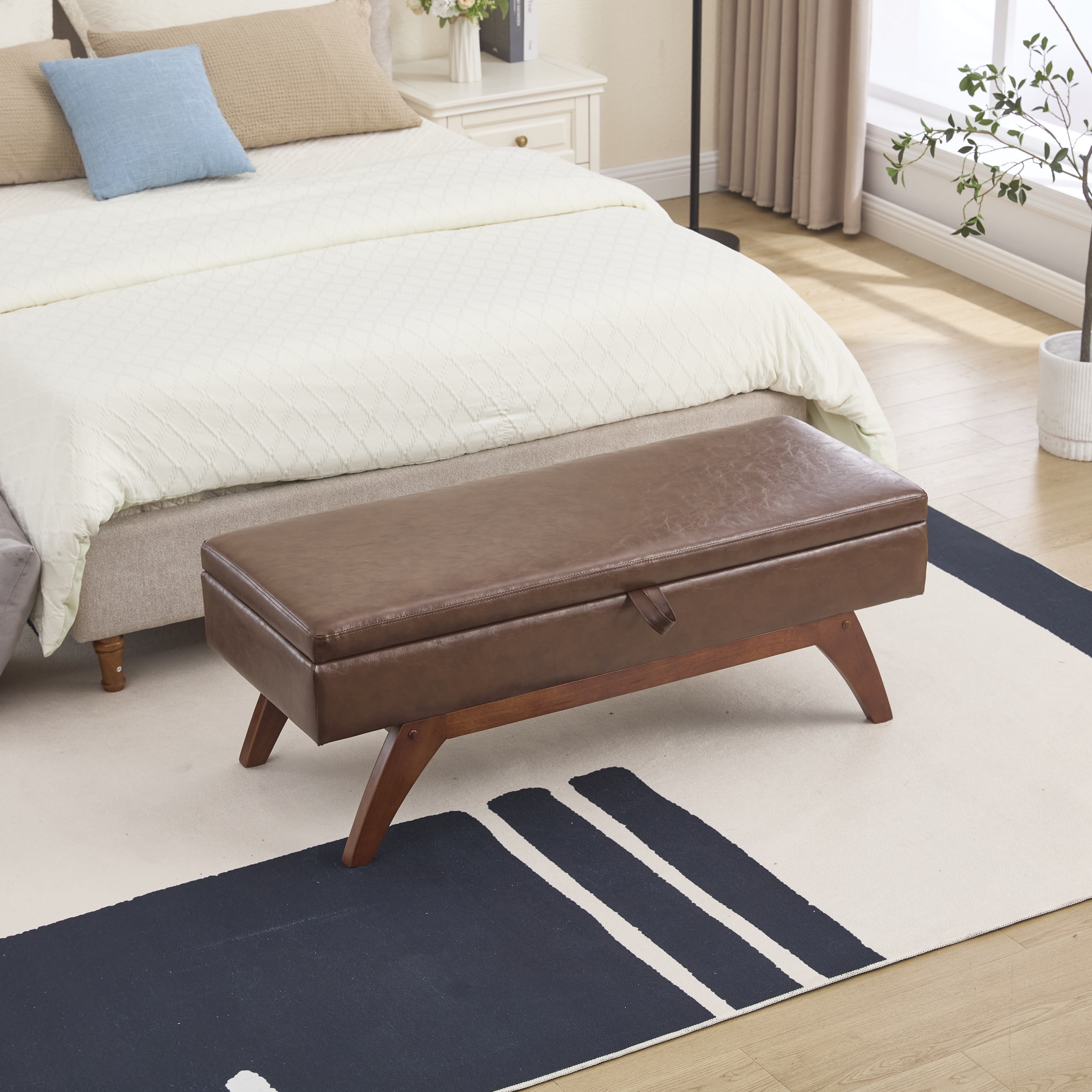 Madeleine Classic PU Upholstered Bed End Stool with Solid Wood Legs and Hidden Storage, Brown