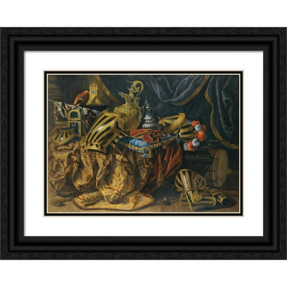 Madeleine de Boulogne 24x18 Black Ornate Framed Double Matted Museum Art Print Titled: Pieces of Parade Armour, a Plumed Helmet, a Pistol in a Case, a Gilt Ewer, a Silver Perfume B