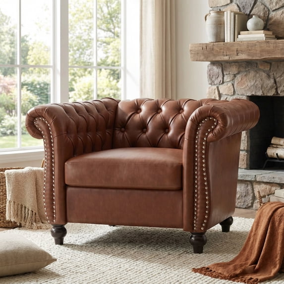 Madelena Traditional Chesterfield Club Chair, Cognac Brown and Dark Brown