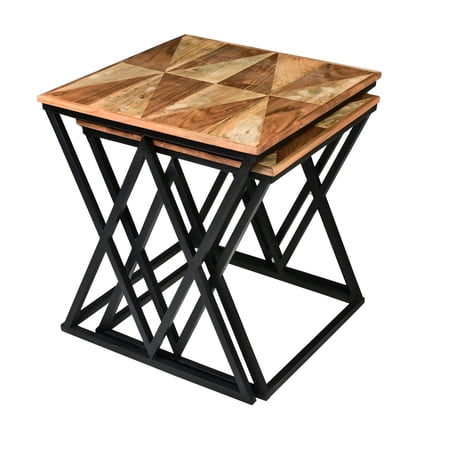 Madeline 25, 23 Inch Square 2 Piece Nesting End Table Set, Wood Top, Iron Frame, Brown and Black - Saltoro Sherpi