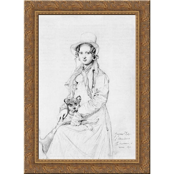 Mademoiselle Henriette Ursule Claire, maybe Thevenin, and her dog Trim 19x24 Gold Ornate Wood Framed Canvas Art by Ingres, Jean Auguste Dominique