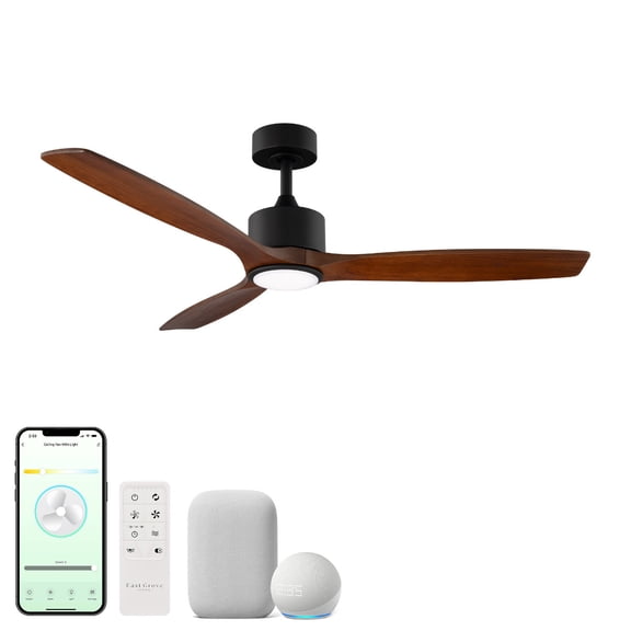 Madera 52in 3-Blade Smart Ceiling Fan 2700K-6000K CCT Tunable Range LED Light Kit in Matte Black with Distressed Koa Solid Wood Blades Works With iOS or Android App
