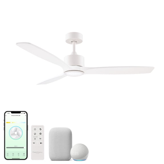 Madera 52in 3-Blade Smart Ceiling Fan 2700K-6000K CCT Tunable Range LED Light Kit in Matte White with White Solid Wood Blades Works With iOS or Android App