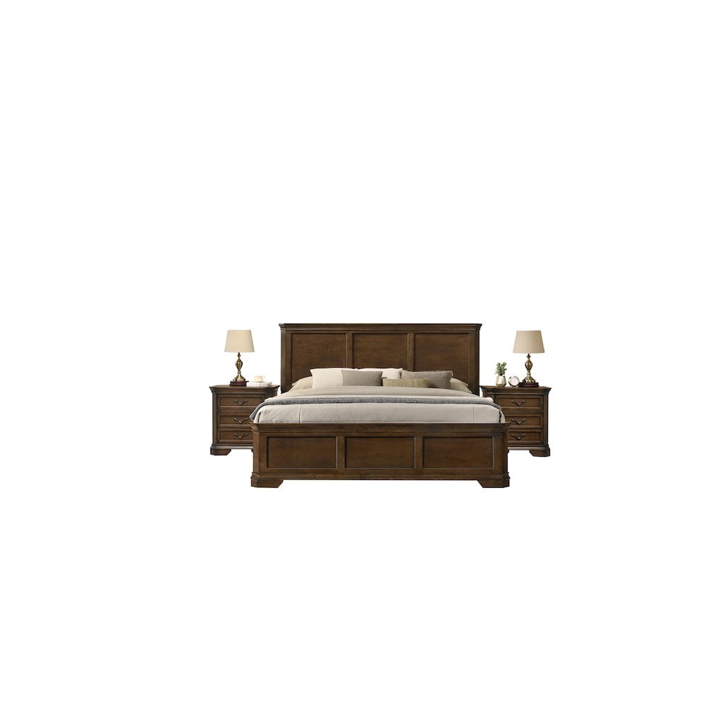 Maderne 3-Piece Bedroom Set with Queen Size Panel Bed and Two Nightstands, Antique Walnut Finish