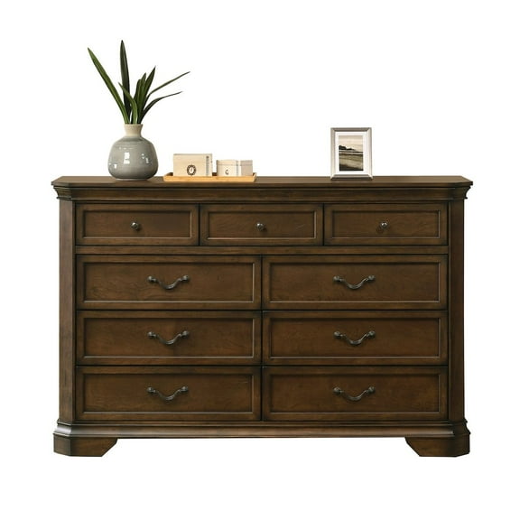 Roundhill Furniture Maderne Traditional Wood 9-Drawer Dresser, Antique Walnut Finish