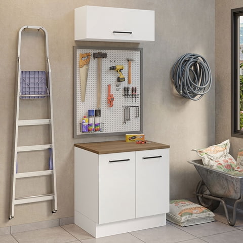Madesa 2-Piece Garage and Utility Room Storage Cabinet Set with 31 Inch Base Cabinet and 31 Inch Slim Wall Cabinet Modular Storage Organization Unit - White