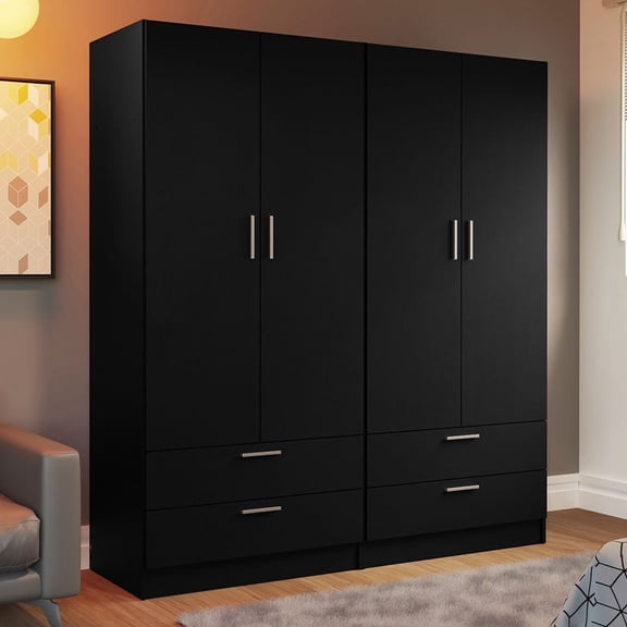 Madesa 4 Doors 4 Drawers Storage Cabinet Wardrobe with Shelves and Hanging Space 63"L Wooden Armoire Closet Organization Unit for Bedroom and Office - Black
