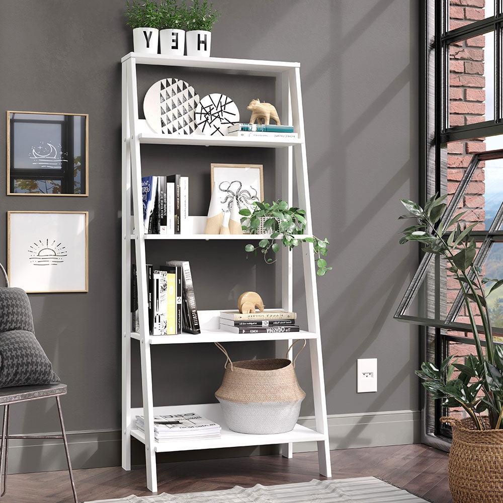 4 Tier White Grey Ladder Shelf Display Unit Free Standing Book Stand Shelves