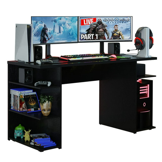 Madesa 53 inch Gaming Computer Desk with Shelves, Home Office Desk Writing Workstation, Wood - Black