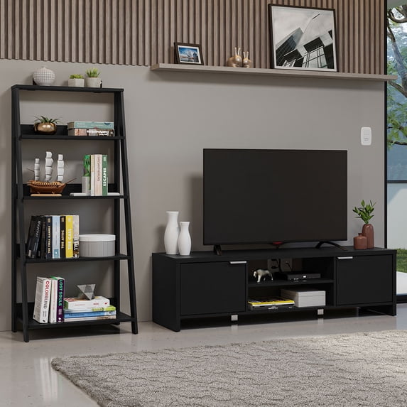 Madesa 2-Piece TV Stand and Ladder Shelf Set: 57" Entertainment Center with Cable Management + 24" 5-Tier Ladder Shelf for Storage, Office, Living Room, and Bedroom – Black