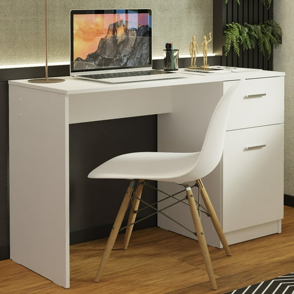 Madesa Compact Computer Desk Study Table for Small Spaces Home Office 43 Inch Student Laptop PC Writing Desks with Storage and Drawer, Modern Ergonomic Gaming  Workstation - White