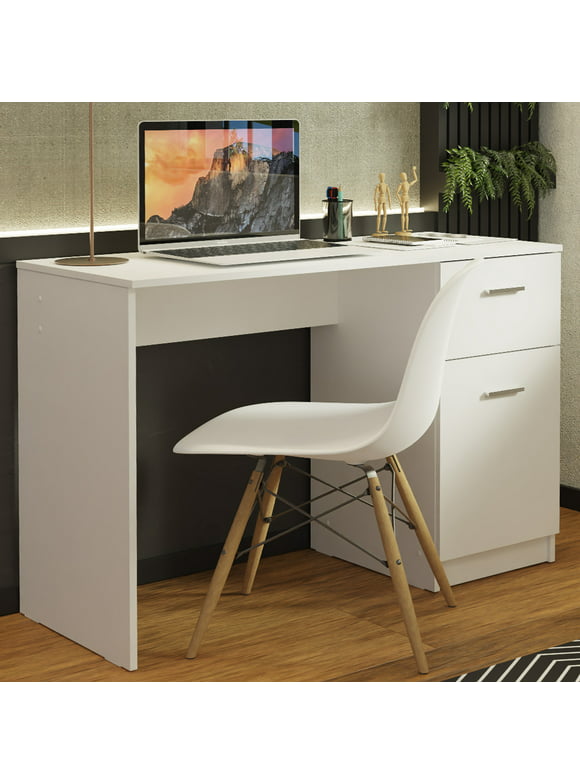 Madesa Compact Desk, Home Office Writing Desk with Cable Management, Table Laptop Desk, Wood, 30” H x 17” D x 43” L - White