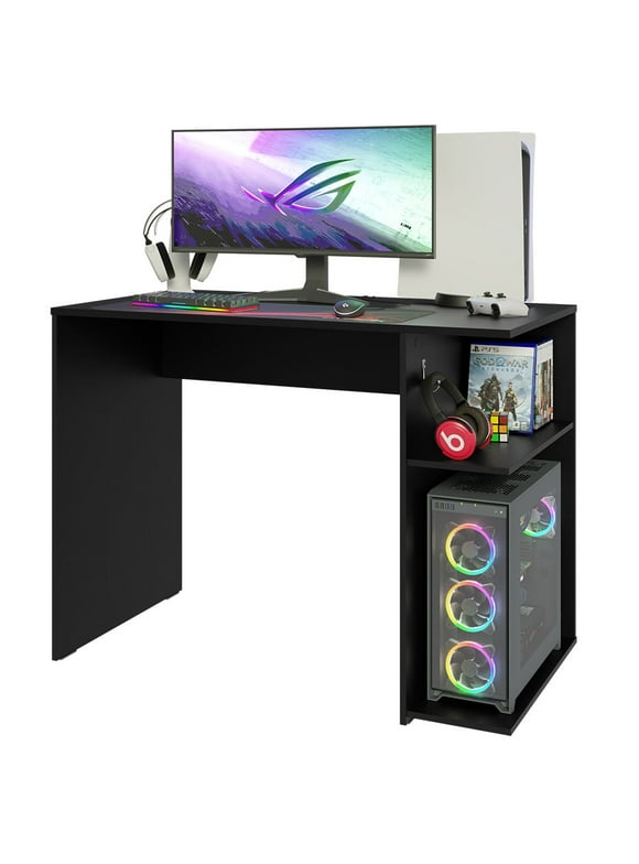Madesa Compact Gaming Computer Desk with 2 Shelves, Cable Management and Large Monitor Stand, Wood, 21" D x 39" W x 30" H - Black