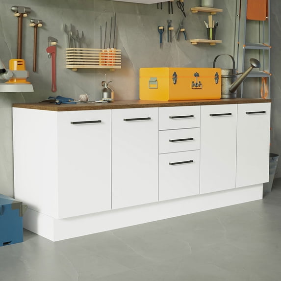 Madesa Compact Garage and Utility Room Storage Set 78 Inch Base Cabinet with 3 Drawers and 4 Doors Utility Bench Wooden Organization Unit - White