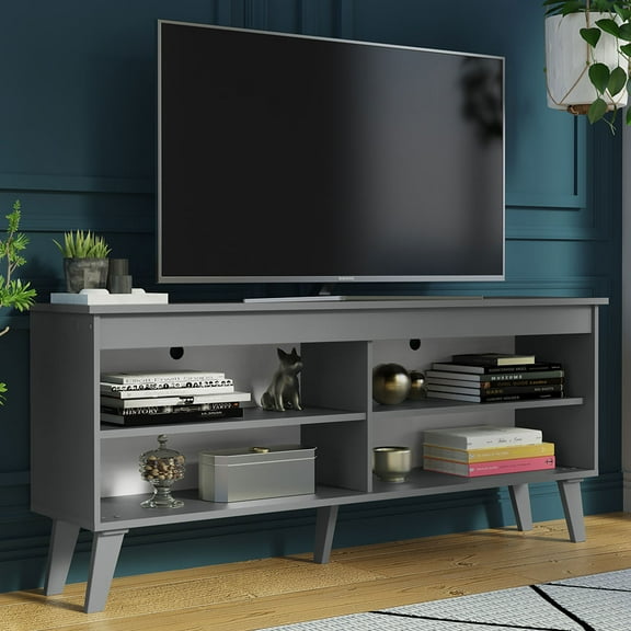 Madesa Compact TV Stand Cabinet with 4 Shelves and Cable Management for 50, 55 Inch TV Media Storage Unit Living Room and Bedroom Modern Wooden Television Media Console - Grey