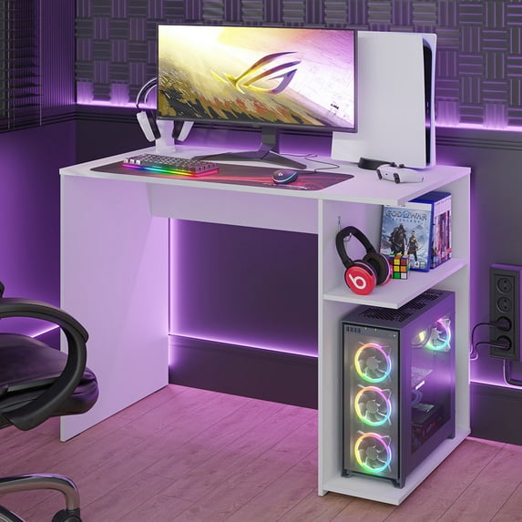 Madesa Gaming Computer Desk 39 Inch with 2 Shelves and Headphone Hanger Wooden Sturdy Home Office Table for Kids and Adults - White