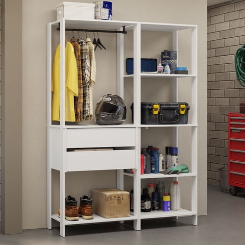 Madesa Garage Storage Rack with 2 Drawers, 7 Shelves and Hanging Space 51"L Multiuse Modular Organization Cabinet for Tools - White