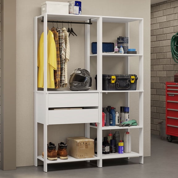 Madesa Garage Storage Rack with 2 Drawers, 7 Shelves and Hanging Space 51"L Multiuse Modular Organization Cabinet for Tools - White