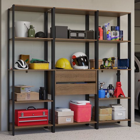 Madesa Garage Storage Rack with 2 Drawers and Open Shelves 74"L Multiuse Modular Organization Cabinet for Tools - Black/Brown