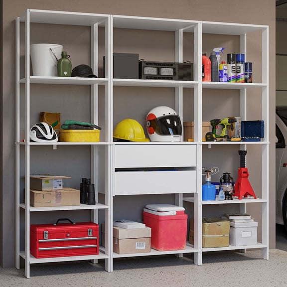 Madesa Garage Storage Rack with 2 Drawers and Open Shelves 74"L Multiuse Modular Organization Cabinet for Tools - White