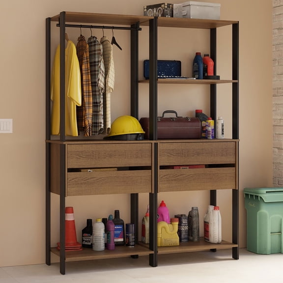 Madesa Garage Storage Rack with 4 Drawers, 5 Shelves and Hanging Space 55"L Multiuse Modular Organization Cabinet for Tools - Black/Brown