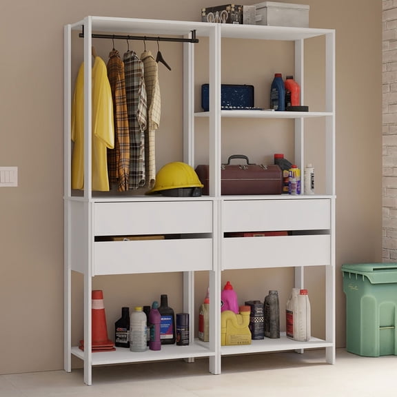 Madesa Garage Storage Rack with 4 Drawers, 5 Shelves and Hanging Space 55"L Multiuse Modular Organization Cabinet for Tools - White
