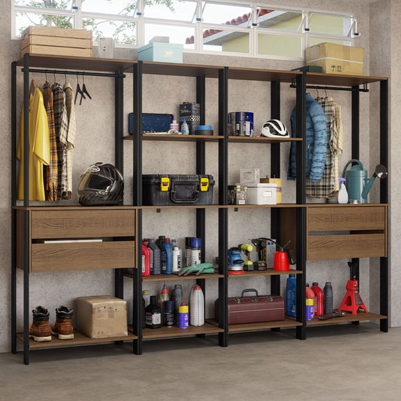 Madesa Garage Storage Rack with 4 Drawers, Open Shelves and Hanging Spaces 102"L Multiuse Modular Organization Cabinet for Tools - Black/Brown