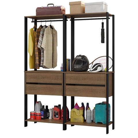 Madesa Garage Storage Rack with 4 Drawers and Hanging Spaces 55"L Multiuse Modular Organization Cabinet for Tools - Black/Brown