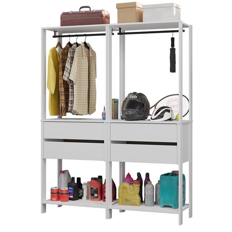 Madesa Garage Storage Rack with Drawers and Hanging Space, 55" Modular Tool Organization Cabinet White