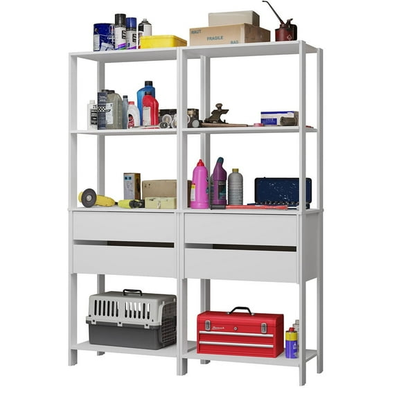 Madesa Garage Storage Rack with 4 Drawers and Open Shelves 55"L Multiuse Modular Organization Cabinet for Tools - White