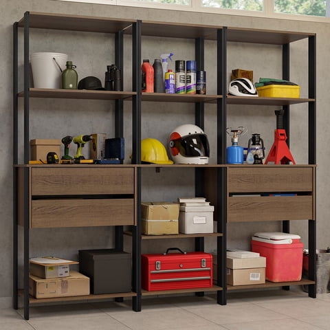 Madesa Garage Storage Rack with 4 Drawers and Open Shelves 78"L Multiuse Modular Organization Cabinet for Tools - Black/Brown