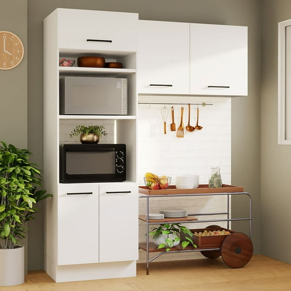 Madesa Hazel 2-Piece Kitchen Storage Set with 3 Doors 3 Open Shelves Pantry Cabinet and 2 Door Wall Cupboard 74 Inch Wooden Modern Organization Units for Pantry - White