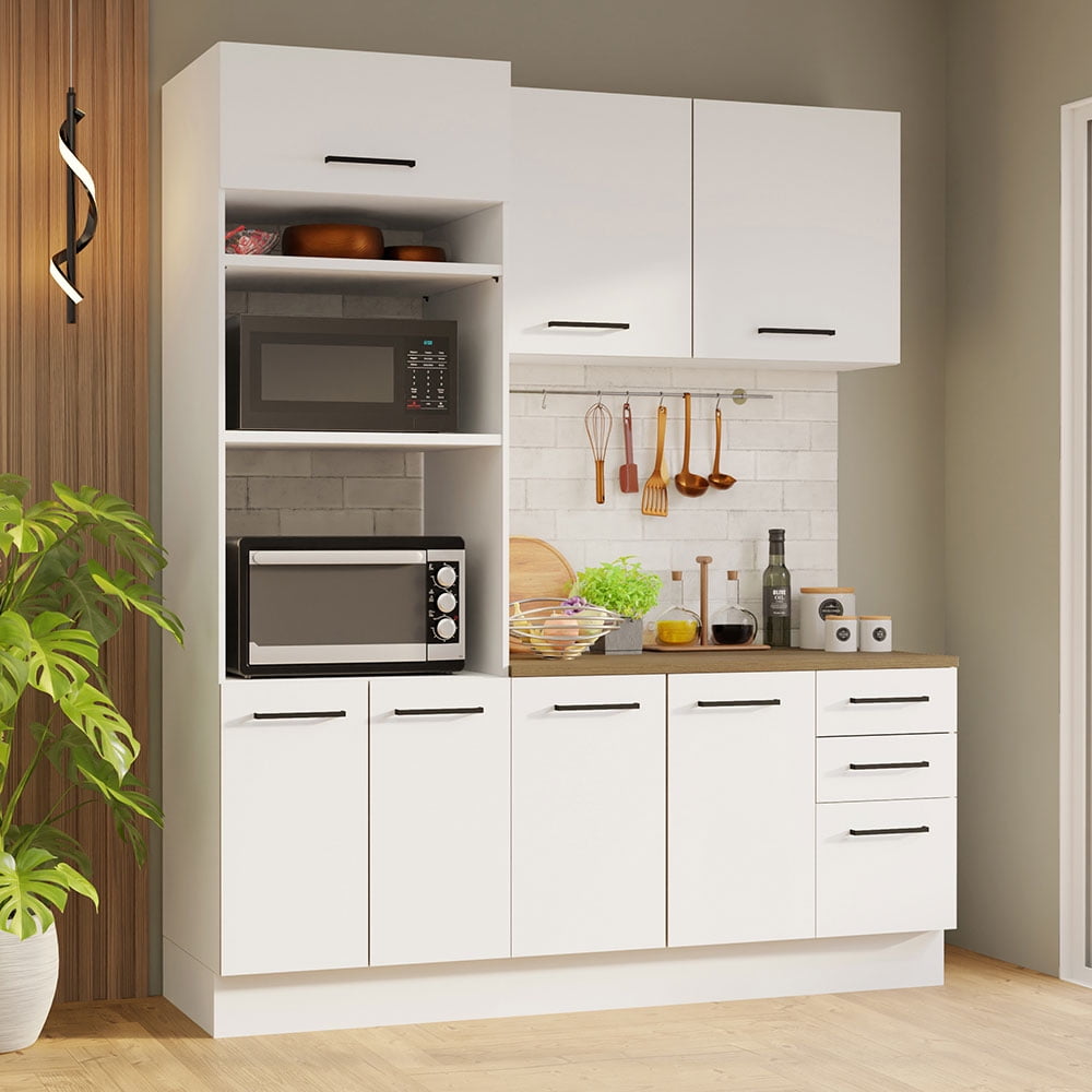 Madesa Hazel 3-Piece Kitchen Storage Set with 3 Door Pantry Cabinet Wall Cabinet Base Cabinet with Drawers 74 Inch Wooden Modern Organization Units for Pantry - White
