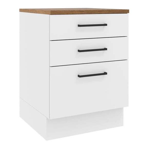 Madesa Hazel Kitchen Storage Base Cabinet with 3 Drawers 23 Inch Wide Engineered Wood Painted Finish Floor Mount Removable Plinth - White