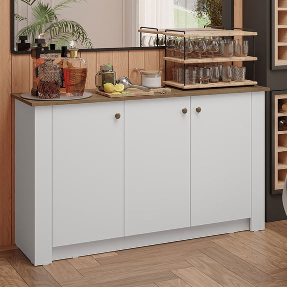 Madesa Home Bar Buffet Storage Cabinet with 3 Doors – Wooden Organization Unit for Kitchen, Dining Room, Ideal for Storing Glassware, Drinks, and Utensils – White