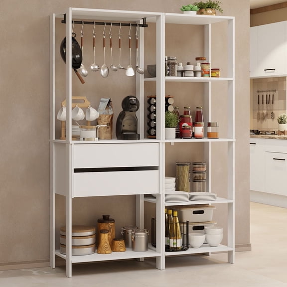 Madesa Kitchen Pantry Storage Rack with 2 Drawers, 7 Shelves and Hanging Space 51"L Multiuse Modular Cabinet for Kitchen Organization - White