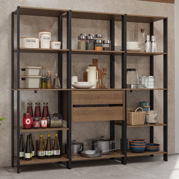 Madesa Kitchen Pantry Storage Rack with 2 Drawers and Open Shelves 74"L Multiuse Modular Cabinet for Kitchen Organization - Black/Brown