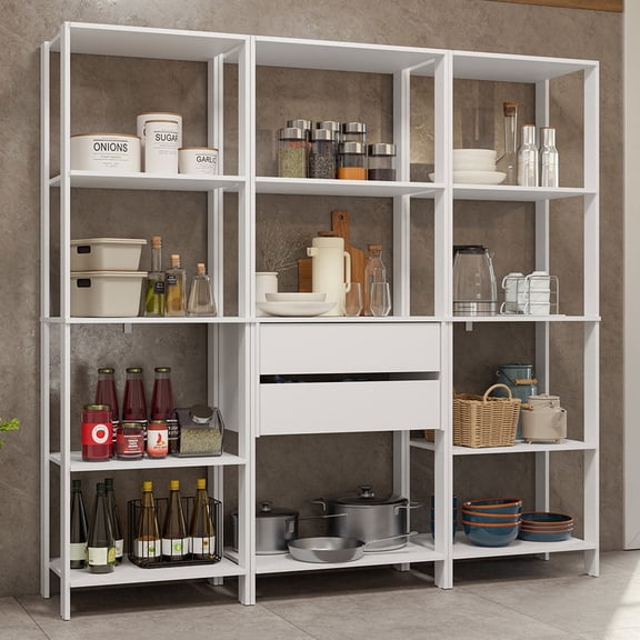 Madesa Kitchen Pantry Storage Rack with 2 Drawers and Open Shelves 74"L Multiuse Modular Cabinet for Kitchen Organization - White