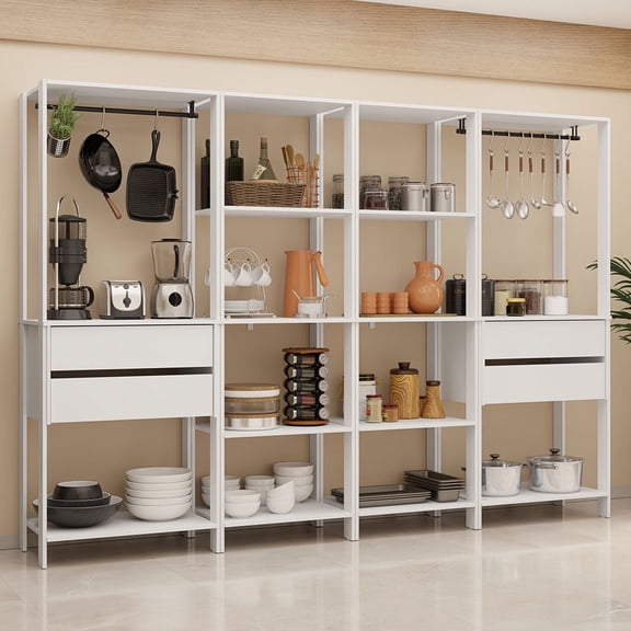 Madesa Kitchen Pantry Storage Rack with 4 Drawers, Open Shelves and Hanging Spaces 102"L Multiuse Modular Cabinet for Kitchen Organization - White