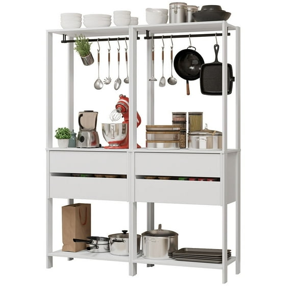 Madesa Kitchen Pantry Storage Rack with 4 Drawers and Hanging Spaces 55"L Multiuse Modular Cabinet for Kitchen Organization - White