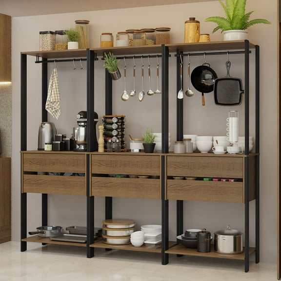 Madesa Kitchen Pantry Storage Rack with 6 Drawers and Hanging Spaces 82"L Multiuse Modular Cabinet for Kitchen Organization - Black/Brown