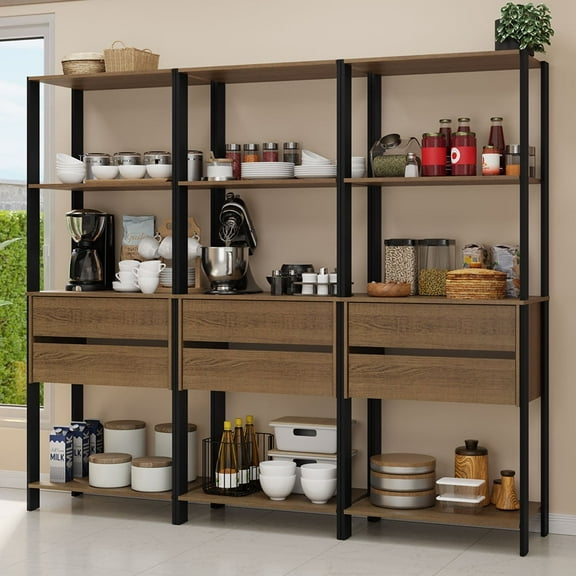 Madesa Kitchen Pantry Storage Rack with 6 Drawers and Open Shelves 82"L Multiuse Modular Cabinet for Kitchen Organization - Black/Brown