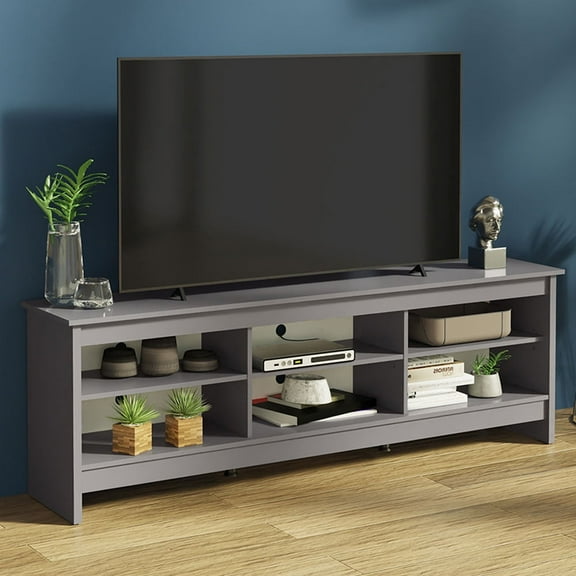 Madesa Media Console TV Stand Entertainment Center with 6 Shelves and Cable Management for 65, 75 Inch Television Living Room and Bedroom Modern Wooden - Grey