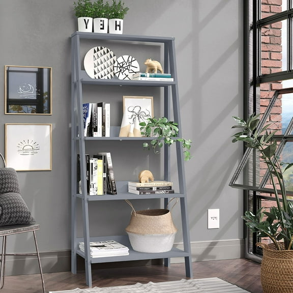 Madesa Modern 5-Tier Ladder Shelf Pantry Storage Space 24 Inch Wooden Free Standing Bookshelf Utility Shelves for Home Office Study Room and Kitchen  - Grey
